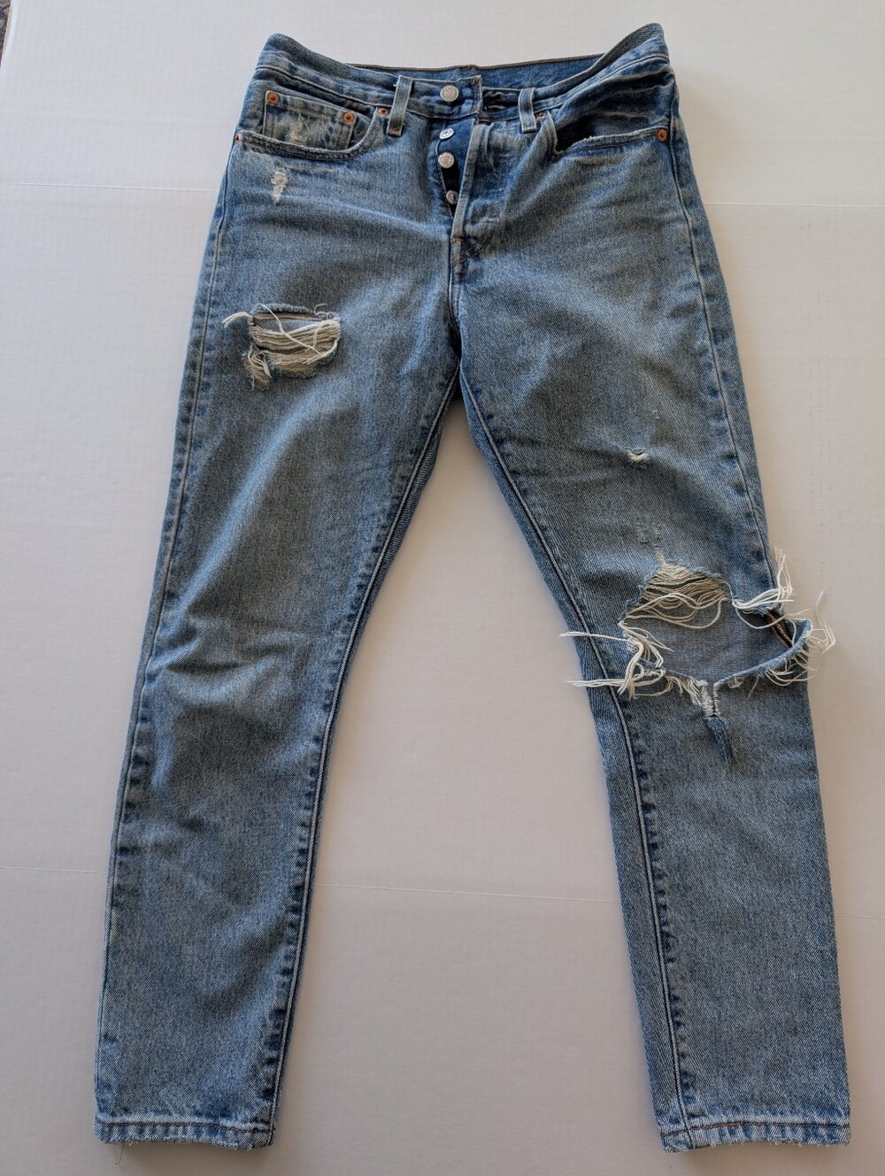 Levi's 501 - Distressed Light Blue High-Rise Button-Fly Jeans - size 26